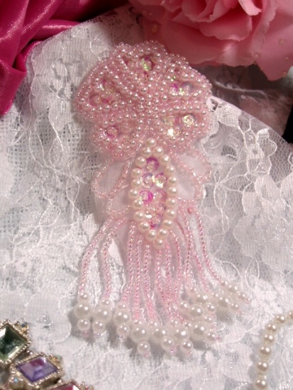 Pink & Pearl Dangle 4.5" Sequin Beaded Applique 0103