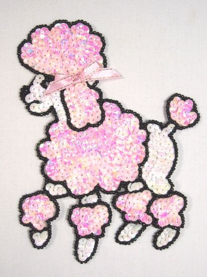 0105 White & Pink Poodle Beaded Sequin Applique 6"