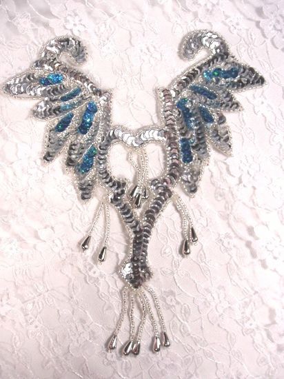 0108 Turquoise & Silver Yoke Beaded Sequin Applique 8.5"