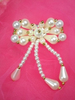0120 White Gold Beaded Bow Sequin Beaded Applique