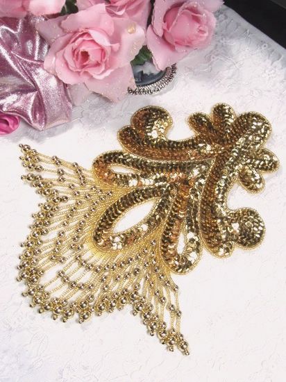 0122  Gold Epaulet Beaded Sequin Applique 10"