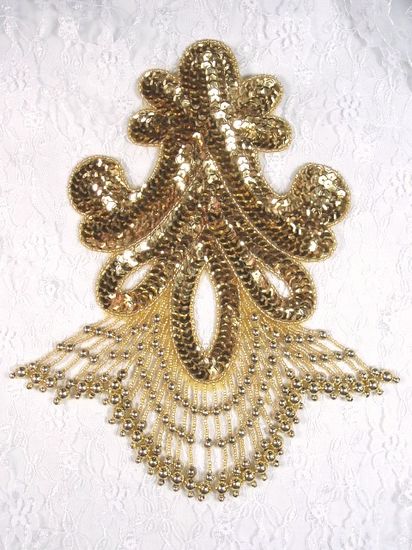 0122  Gold Epaulet Beaded Sequin Applique 10"