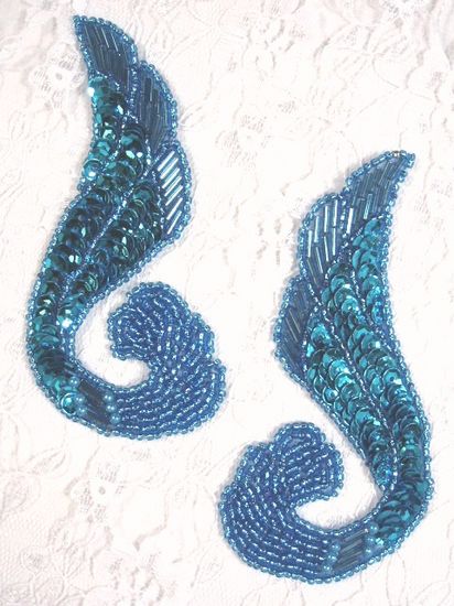 0123  Turquoise Mirror Pair Sequin Beaded Appliques 4.25"