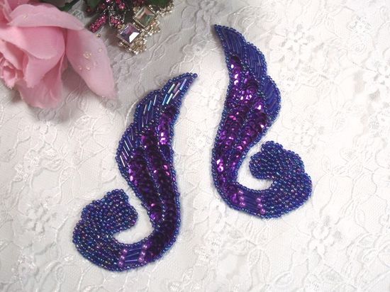 0123 Purple Mirror Pair Sequin Beaded Appliques 4.25"