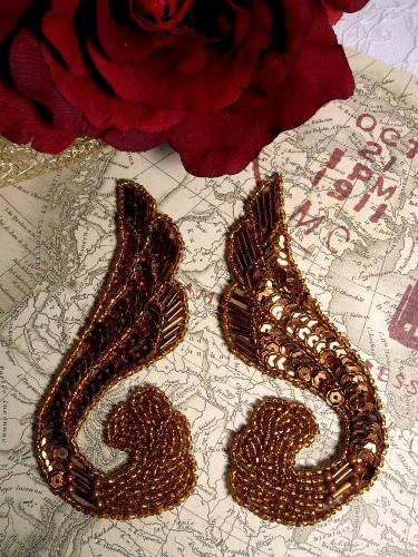 0123 Bronze Swirl Mirror Pair Sequin Beaded Appliques