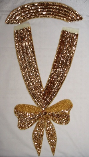 K8760   Gold Bow Collar Sequin Beaded Applique Set  16.5"
