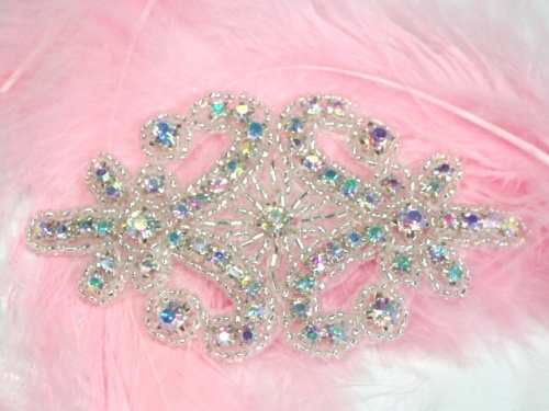 0413 Crystal AB Aurora Borealis Rhinestone Beaded Hair Bow / Brooch / Applique 4"