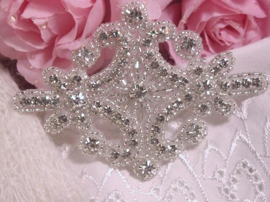 0153 Silver Genuine Rhinestone Beaded  Applique 4"