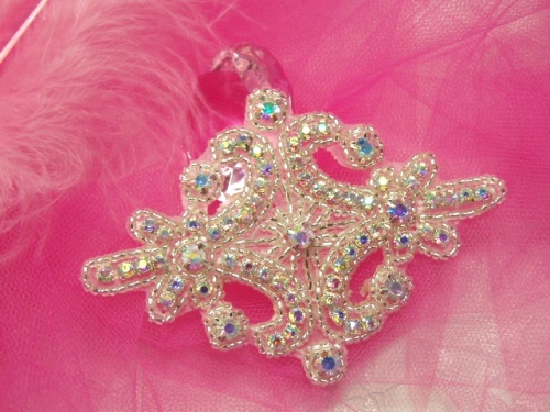 0153  Rhinestone Aurora Borealis Crystal AB Silver Beaded  Applique 4"