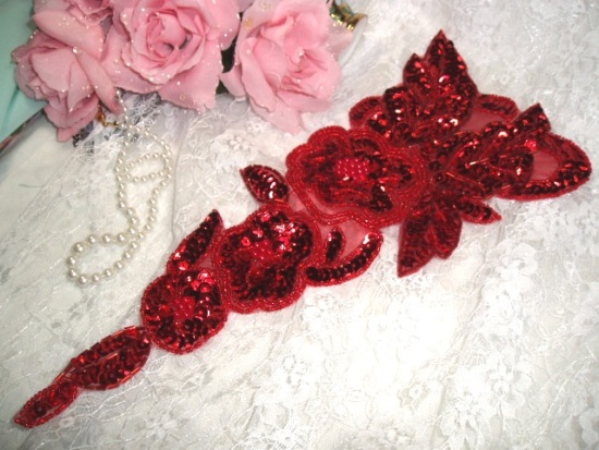 Red Floral (Right) 12" Sequin Beaded Applique 0160