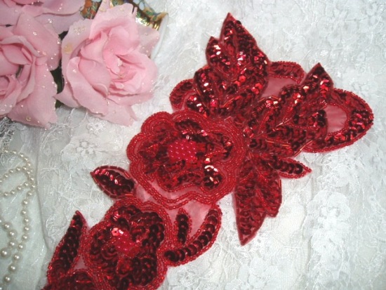 Red Floral (Right) 12" Sequin Beaded Applique 0160