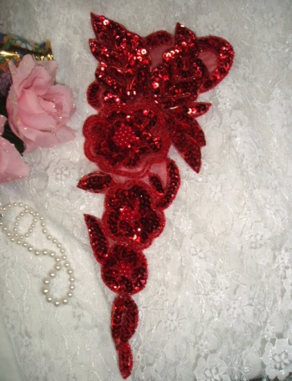 Red Floral (Right) 12" Sequin Beaded Applique 0160