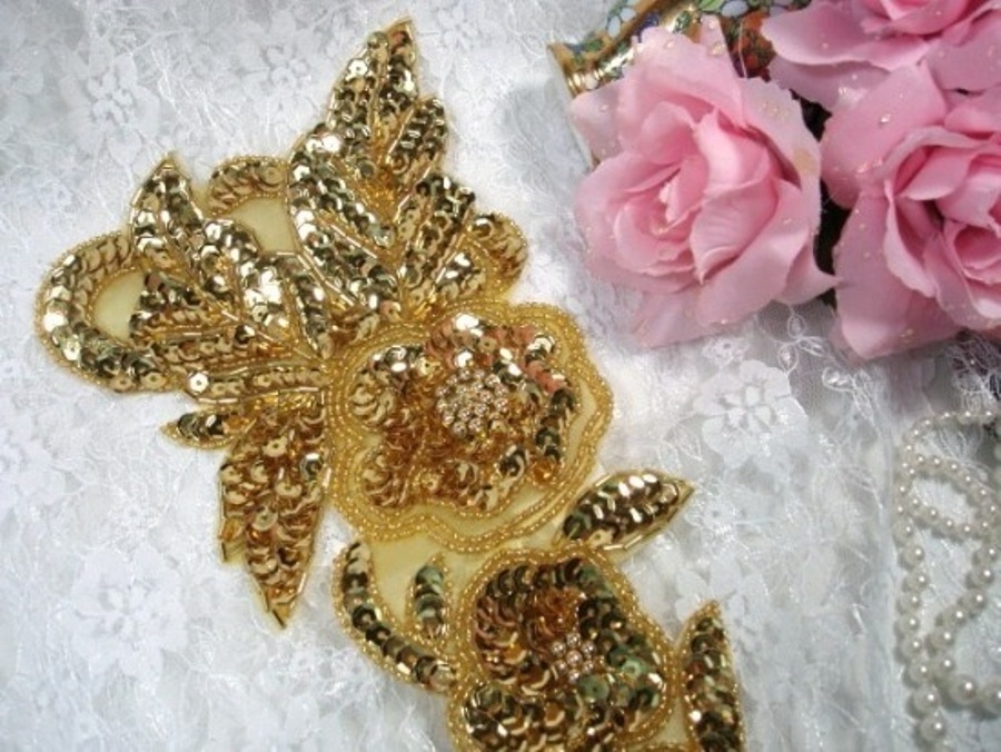 Gold Floral (Left) 12" Sequin Beaded Applique 0162