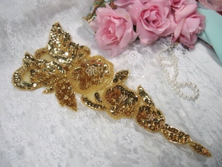 Gold Floral (Right) 12" Sequin Beaded Applique 0160