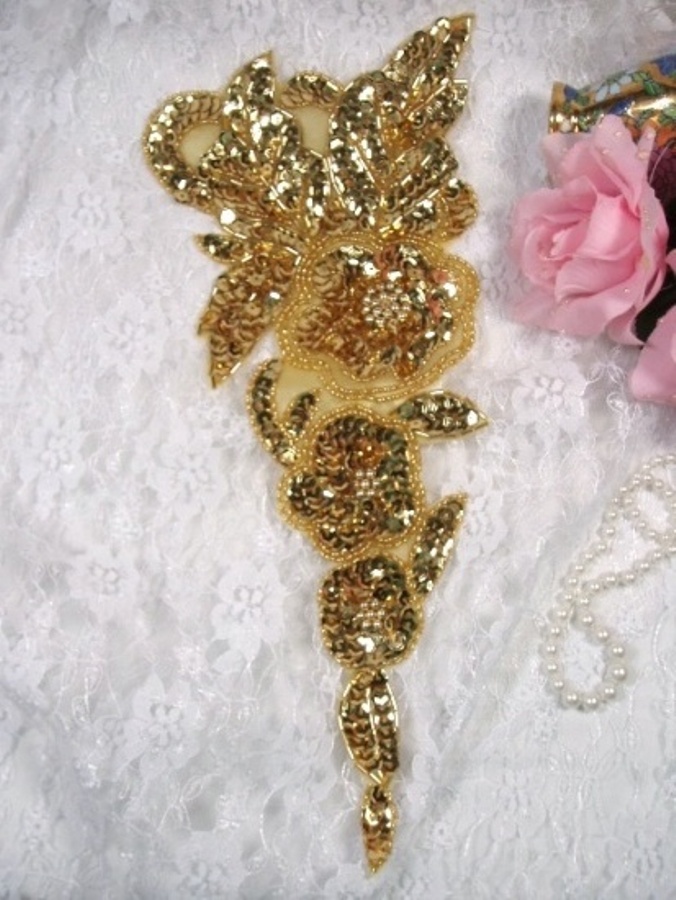 Gold Floral (Right) 12" Sequin Beaded Applique 0160