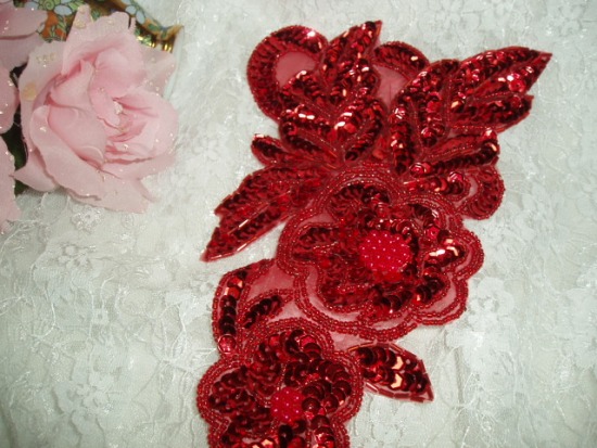 Red Floral (Left) 12" Sequin Beaded Applique 0162