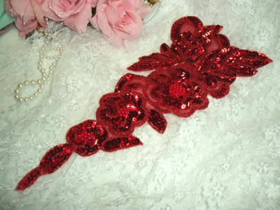 Red Floral (Left) 12" Sequin Beaded Applique 0162