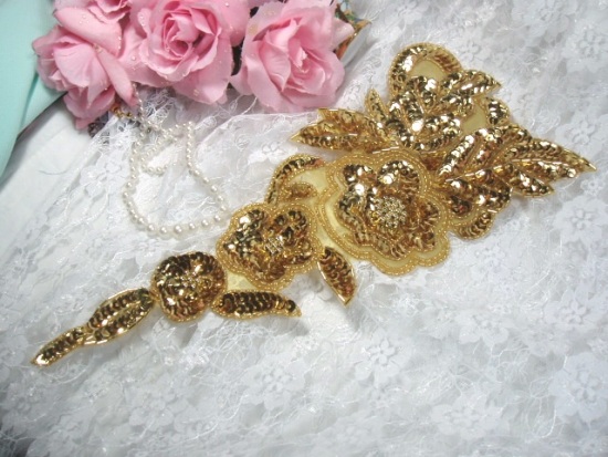 Gold Floral (Left) 12" Sequin Beaded Applique 0162
