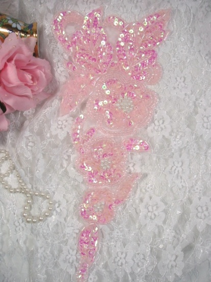 Pink Pearl Floral (Left) 12" Sequin Beaded Applique 0162