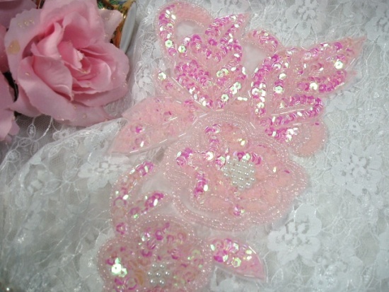 Pink Pearl Floral (Left) 12" Sequin Beaded Applique 0162