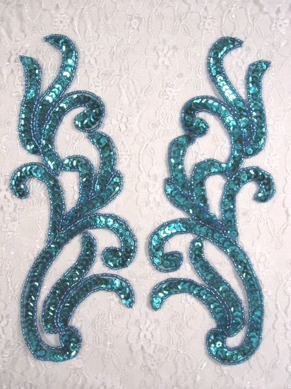 0170 Turquoise Mirror Pair Sequin Beaded Appliques 9"