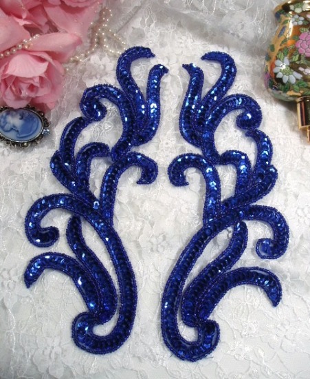 0170  Blue Mirror Pair Sequin Beaded Appliques 9"