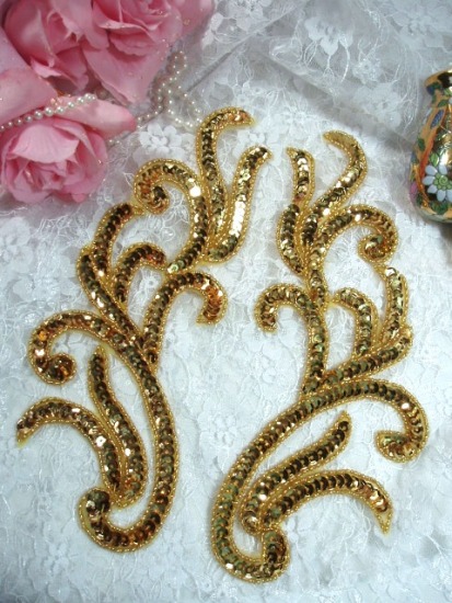 0170  Gold Mirror Pair Sequin Beaded Appliques 9"