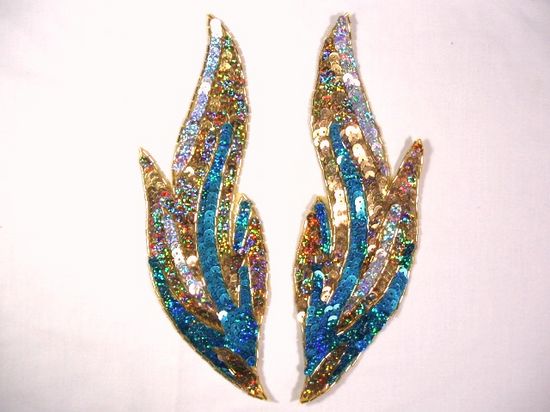 0173 Turquoise Flames of Fire Mirror Pair Sequin Beaded Appliques 9.5"