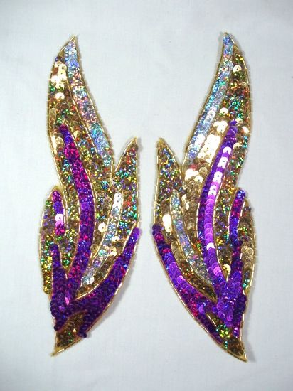 0173 Purple Flames of Fire Mirror Pair  Sequin Beaded Appliques 9.5"