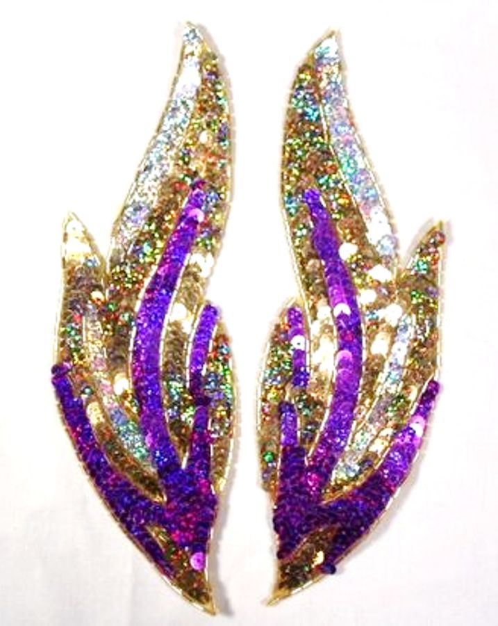 0173 Purple Flames of Fire Mirror Pair  Sequin Beaded Appliques 9.5"