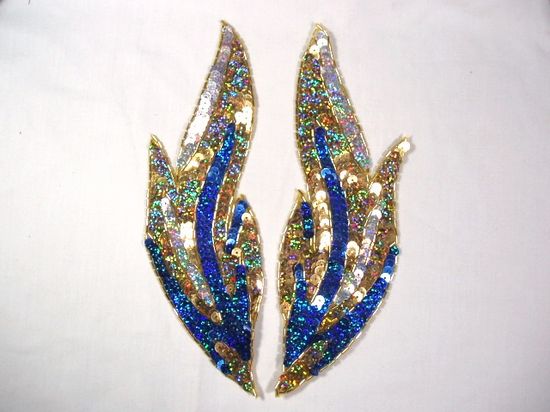 0173 Royal Blue Flames of Fire Mirror Pair  Sequin Beaded Appliques 9.5"