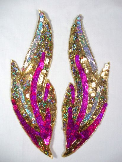 0173 Fuchsia Flames of Fire Mirror Pair Sequin Beaded Appliques 9.5"