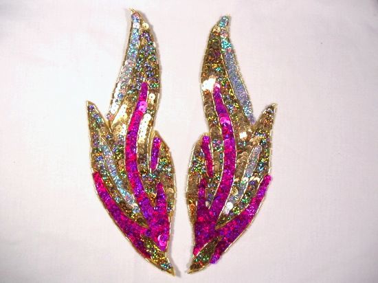 0173 Fuchsia Flames of Fire Mirror Pair Sequin Beaded Appliques 9.5"
