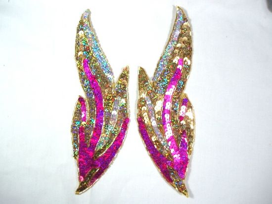 0173 Fuchsia Flames of Fire Mirror Pair Sequin Beaded Appliques 9.5"