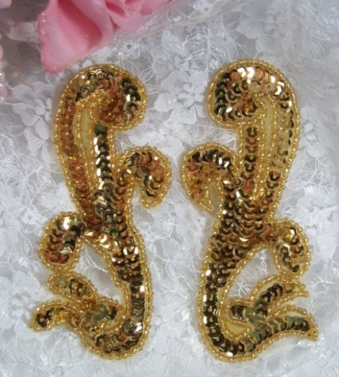 Gold 5.5" Mirror Pair Sequin Beaded Appliques 0176