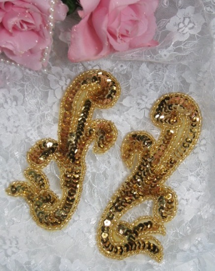 Gold 5.5" Mirror Pair Sequin Beaded Appliques 0176