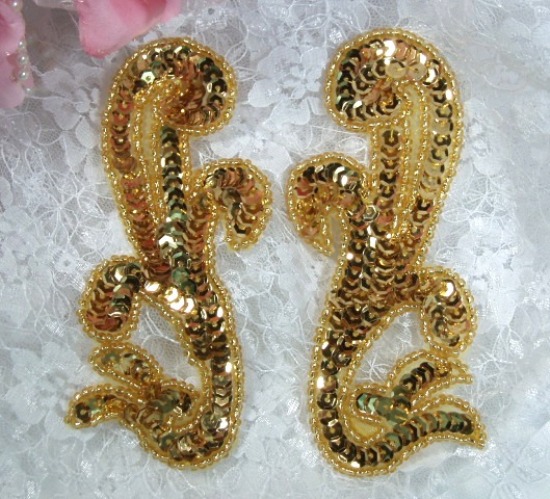 Gold 5.5" Mirror Pair Sequin Beaded Appliques 0176