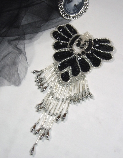 Black & Silver Epaulet  Sequin Beaded Applique 0178