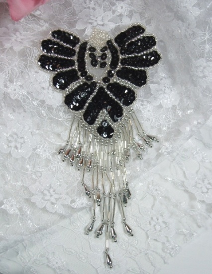Black & Silver Epaulet  Sequin Beaded Applique 0178