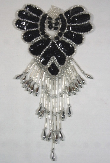 Black & Silver Epaulet  Sequin Beaded Applique 0178