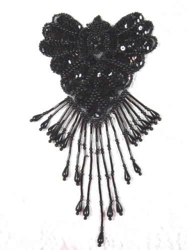 0178  Black Epaulet Sequin Beaded Applique 8"
