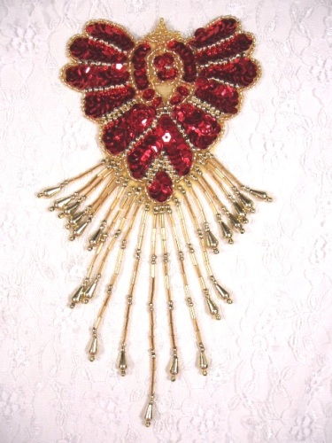 0178  Red Gold Epaulet Sequin Beaded Applique 8"