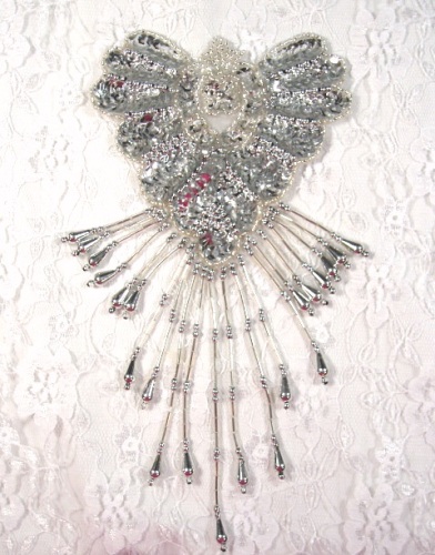 0178  Silver Epaulet Sequin Beaded Applique 8"