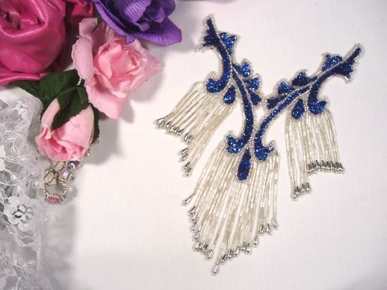 0181 Royal Blue Silver Collar Sequin Beaded Applique  8.5"