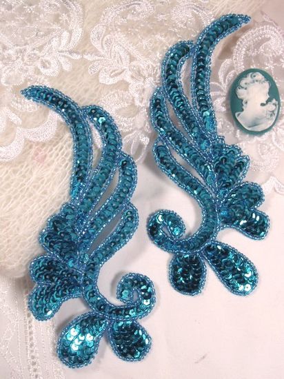0182 Turquoise Mirror Pair Sequin Beaded Appliques 6"
