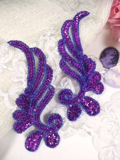 0182 Purple Mirror Pair Sequin Beaded Appliques 6"