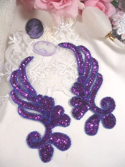 0182 Purple Mirror Pair Sequin Beaded Appliques 6"