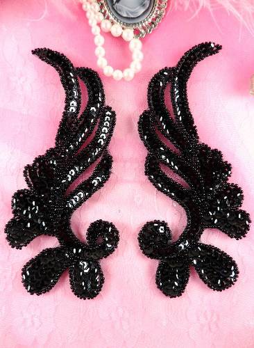 0182 Black Mirror Pair Sequin Beaded Appliques 6"