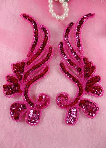 0182 Fuchsia Mirror Pair Sequin Beaded Appliques 6"