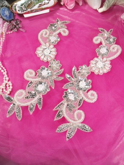 Silver and Pearl  Mirror Pair Sequin Beaded Appliques 0183
